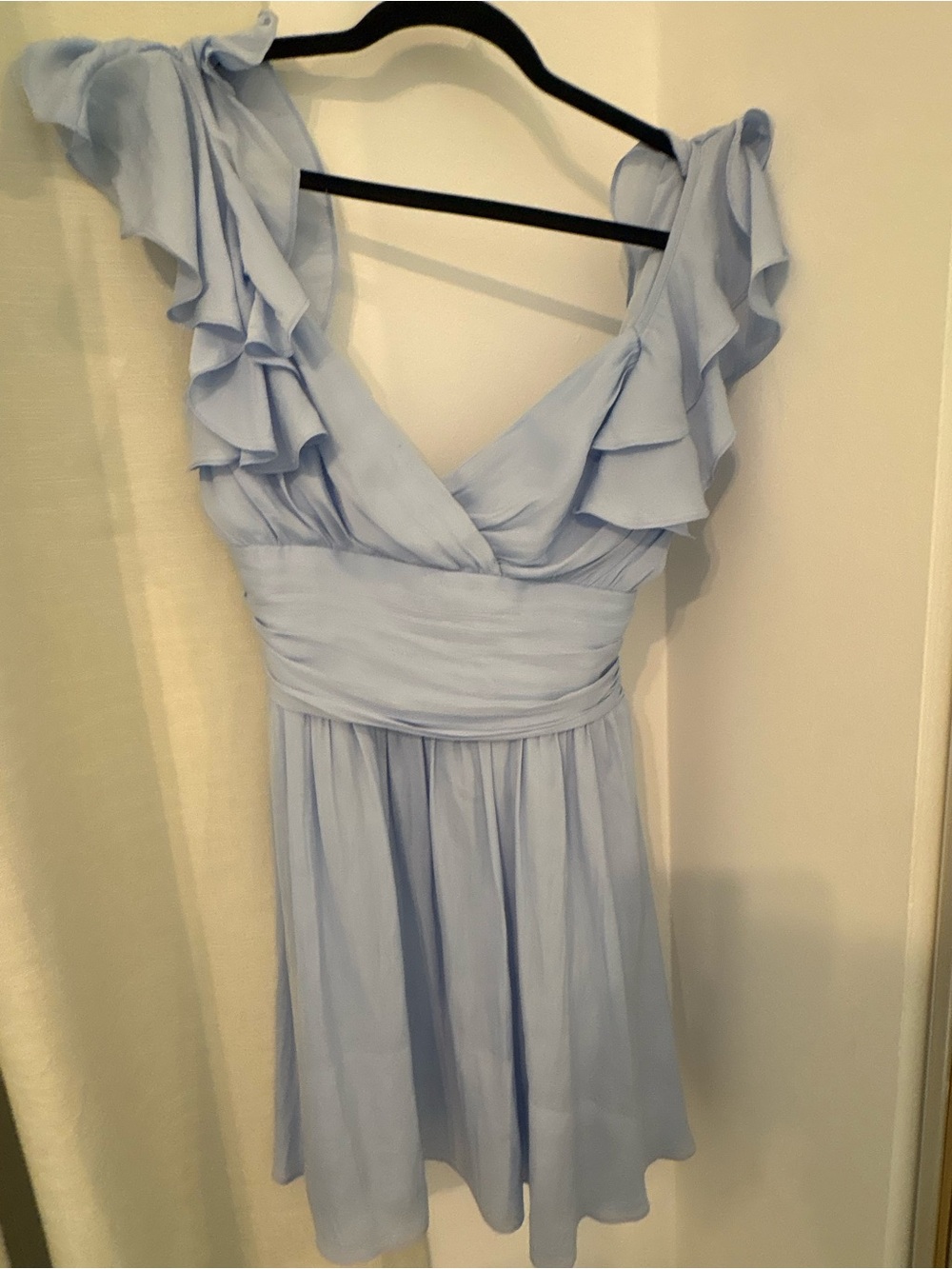 Light Blue Ruffle Sleeve Mini Dress with Ruched Waistband